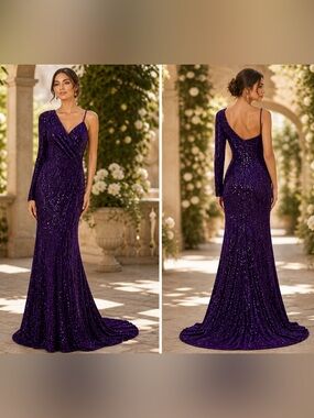 One-Shoulder Purple Sequin Evening Gown - Elegant Formal Dress